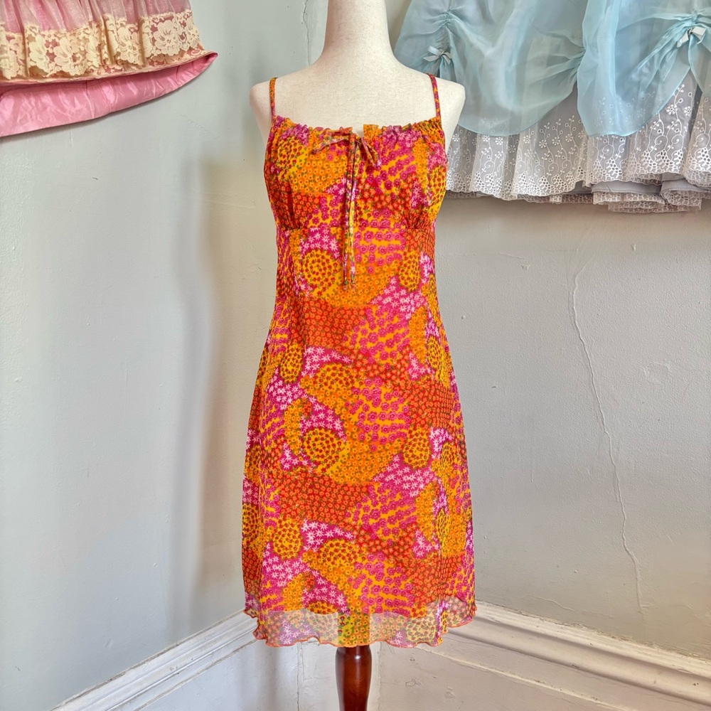 Vintage 70s Pink and Orange Ditsy Floral Mini Dress